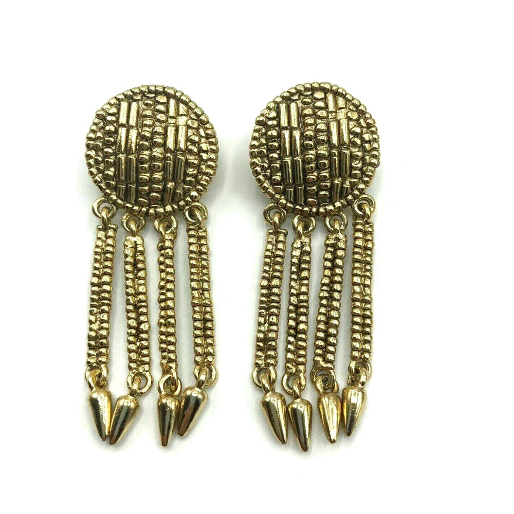 Vintage Long Dangle Drop Textured Gold Tone Statement Earrings 1980's
